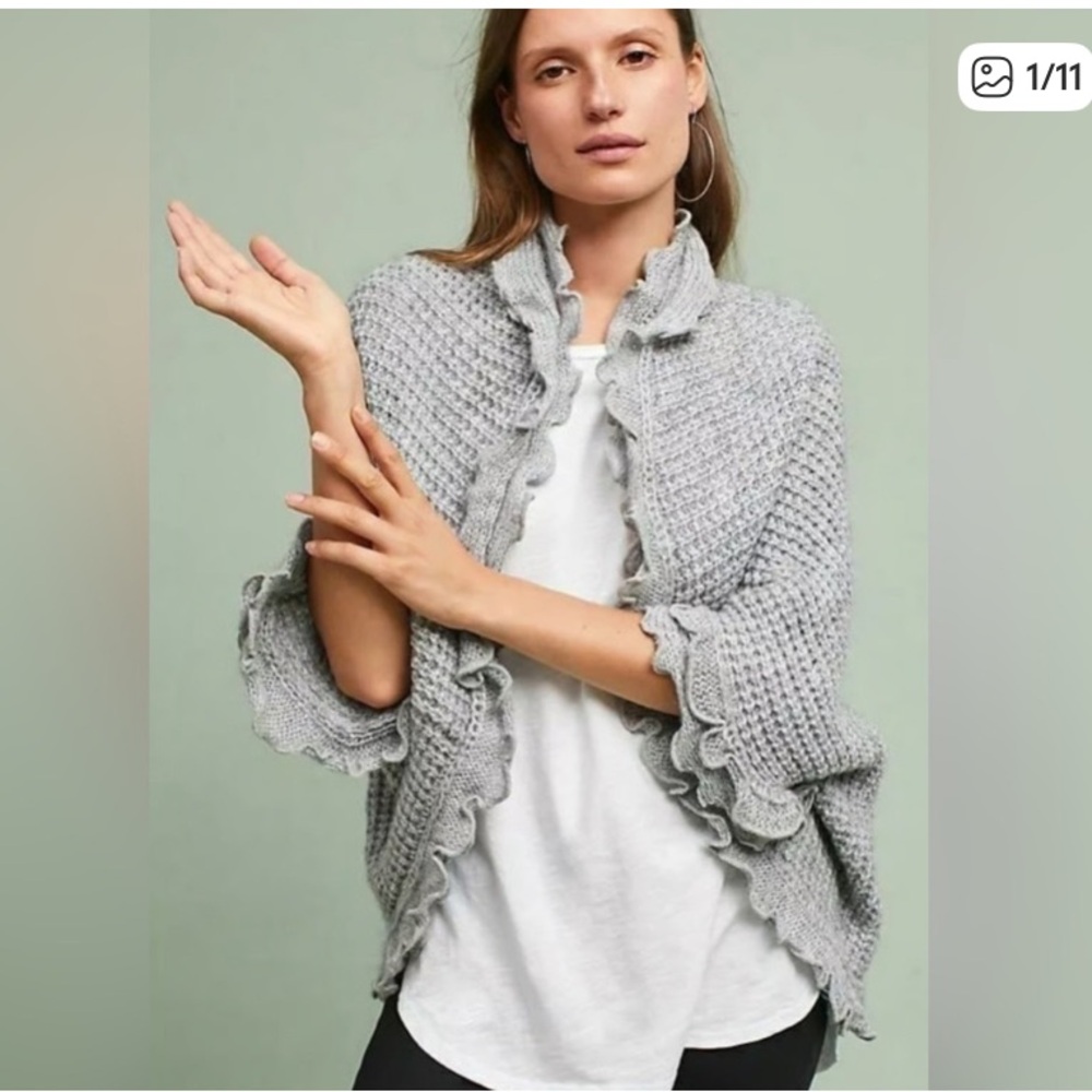 Anthropologie MOTH Rocia Ruffle Trim Open Cardigan Sweater Crocheted Gray